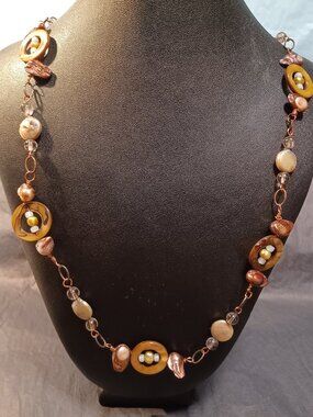 Wire Wrapped Copper Necklace with Pearls, Mother of Pearl, Smoked Topaz